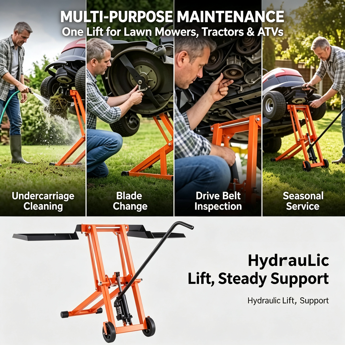 Hydraulic Lawn Mower Lift Jack, 500 LBS Load Capacity Solid Carbon Steel Mower Lifter, Adjustable Width Mobile Maintenance Lift for Zero Turn Mowers & Riding Garden Tractors, Orange