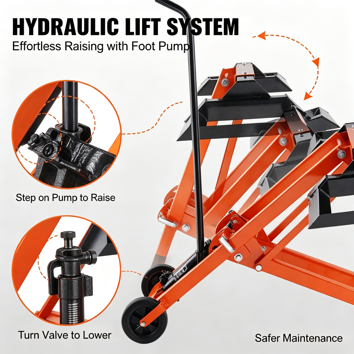 Hydraulic Lawn Mower Lift Jack, 500 LBS Load Capacity Solid Carbon Steel Mower Lifter, Adjustable Width Mobile Maintenance Lift for Zero Turn Mowers & Riding Garden Tractors, Orange