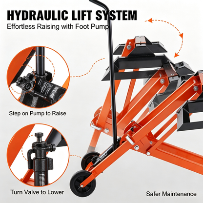 Hydraulic Lawn Mower Lift Jack, 500 LBS Load Capacity Solid Carbon Steel Mower Lifter, Adjustable Width Mobile Maintenance Lift for Zero Turn Mowers & Riding Garden Tractors, Orange