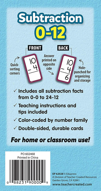 Subtraction Flash Cards - All Facts 0–12